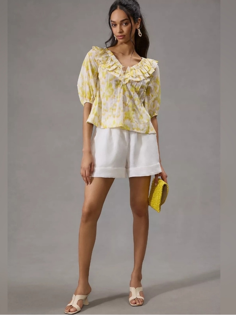 Anthropologie Maeve Yellow White Floral Scalloped Cotton Ruffle Blouse Size XS